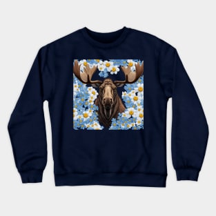 Moose And Alaska Forget-Me-Not Flowers Crewneck Sweatshirt